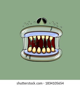 Vektorcartoon lustige dumme Zombie-Monster-Mund mit faulen Zähnen und einzeln auf grünem Hintergrund. Vector Happy Halloween Kinder T-Shirt Design-Vorlage mit funky Monster-Mund