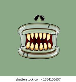 Caricatura vectorial graciosa y tonta boca monstruo zombie con dientes podridos y aislado en el fondo verde. Plantilla de diseño de camisetas para niños de Halloween felices vectores con boca de monstruo divertida
