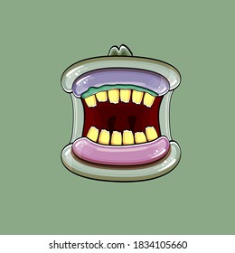Vector cartoon funny silly zombie monster mouth with rotten teeth and isolated on green background. Vector happy Halloween kids t-shirt design template with funky monster mouth