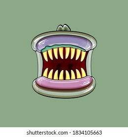 Vektorcartoon lustige dumme Zombie-Monster-Mund mit faulen Zähnen und einzeln auf grünem Hintergrund. Vector Happy Halloween Kinder T-Shirt Design-Vorlage mit funky Monster-Mund