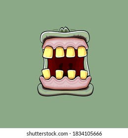 Vektorcartoon lustige dumme Zombie-Monster-Mund mit faulen Zähnen und einzeln auf grünem Hintergrund. Vector Happy Halloween Kinder T-Shirt Design-Vorlage mit funky Monster-Mund