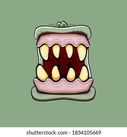 Caricatura vectorial graciosa y tonta boca monstruo zombie con dientes podridos y aislado en el fondo verde. Plantilla de diseño de camisetas para niños de Halloween felices vectores con boca de monstruo divertida