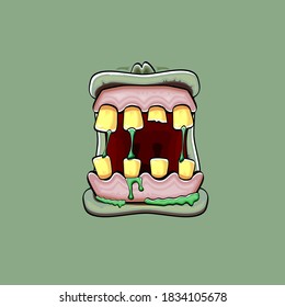 Vector cartoon funny silly zombie monster mouth with rotten teeth and isolated on green background. Vector happy Halloween kids t-shirt design template with funky monster mouth
