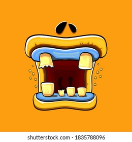Vector cartoon funny silly zombie monster mouth with rotten teeth isolated on a orange background. Vector happy Halloween kids t-shirt design template with funky monster mouth