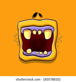 Vector cartoon funny silly zombie monster mouth with rotten teeth isolated on a orange background. Vector happy Halloween kids t-shirt design template with funky monster mouth