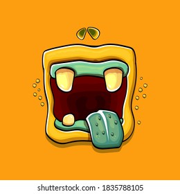 Caricatura vectorial graciosa y tonta boca monstruo zombie con dientes podridos aislados en un fondo naranja. Plantilla de diseño de camisetas para niños de Halloween felices vectores con boca de monstruo divertida