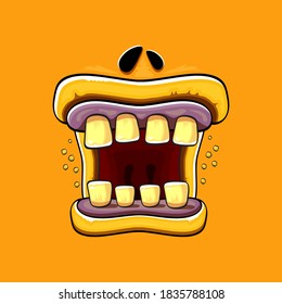 Vektorcartoon lustige dumme Zombie-Monster-Mund mit faulen Zähnen einzeln auf orangefarbenem Hintergrund. Vector Happy Halloween Kinder T-Shirt Design-Vorlage mit funky Monster-Mund