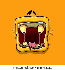 Vector cartoon funny silly zombie monster mouth with rotten teeth isolated on a orange background. Vector happy Halloween kids t-shirt design template with funky monster mouth