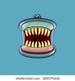 Vektorcartoon lustige dumme Zombie-Monster-Mund mit faulen Zähnen und einzeln auf grünem Hintergrund. Vector Happy Halloween Kinder T-Shirt Design-Vorlage mit funky Monster-Mund