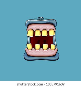 Caricatura vectorial graciosa y tonta boca monstruo zombie con dientes podridos y aislado en el fondo verde. Plantilla de diseño de camisetas para niños de Halloween felices vectores con boca de monstruo divertida