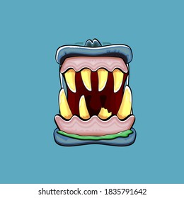 Caricatura vectorial graciosa y tonta boca monstruo zombie con dientes podridos y aislado en el fondo verde. Plantilla de diseño de camisetas para niños de Halloween felices vectores con boca de monstruo divertida