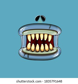 Vector cartoon funny silly zombie monster mouth with rotten teeth and isolated on green background. Vector happy Halloween kids t-shirt design template with funky monster mouth