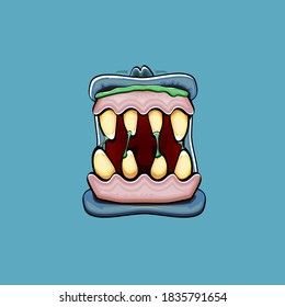 Vektorcartoon lustige dumme Zombie-Monster-Mund mit faulen Zähnen und einzeln auf grünem Hintergrund. Vector Happy Halloween Kinder T-Shirt Design-Vorlage mit funky Monster-Mund