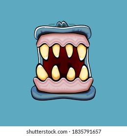 Vector cartoon funny silly zombie monster mouth with rotten teeth and isolated on green background. Vector happy Halloween kids t-shirt design template with funky monster mouth