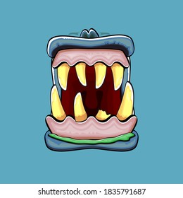 Caricatura vectorial graciosa y tonta boca monstruo zombie con dientes podridos y aislado en el fondo verde. Plantilla de diseño de camisetas para niños de Halloween felices vectores con boca de monstruo divertida