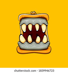 Vektorcartoon lustige dumme Zombie-Monster-Mund mit faulen Zähnen und einzeln auf orangefarbenem Hintergrund. Vector Happy Halloween Kinder T-Shirt Design-Vorlage mit funky Monster-Mund