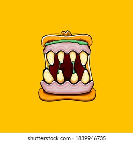 Vector cartoon funny silly zombie monster mouth with rotten teeth and isolated on orange background. Vector happy Halloween kids t-shirt design template with funky monster mouth