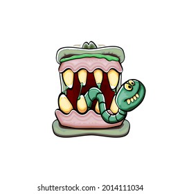 Vector cartoon funny silly zombie monster mouth with rotten teeth and green worm isolated on white background. Vector happy Halloween kids t-shirt design template with funky monster mouth