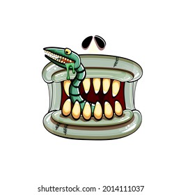 Vektorcartoon lustige dumme Zombie-Monster-Mund mit faulen Zähnen und grünem Wurm einzeln auf weißem Hintergrund. Vector Happy Halloween Kinder T-Shirt Design-Vorlage mit funky Monster-Mund