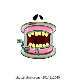 Vector cartoon funny silly zombie monster mouth with rotten teeth and green worm isolated on white background. Vector happy Halloween kids t-shirt design template with funky monster mouth
