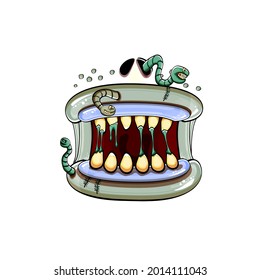 Vector cartoon funny silly zombie monster mouth with rotten teeth and green worm isolated on white background. Vector happy Halloween kids t-shirt design template with funky monster mouth