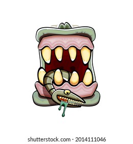 Vektorcartoon lustige dumme Zombie-Monster-Mund mit faulen Zähnen und grünem Wurm einzeln auf weißem Hintergrund. Vector Happy Halloween Kinder T-Shirt Design-Vorlage mit funky Monster-Mund