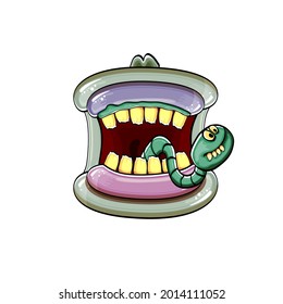 Vector cartoon funny silly zombie monster mouth with rotten teeth and green worm isolated on white background. Vector happy Halloween kids t-shirt design template with funky monster mouth