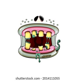 Vector cartoon funny silly zombie monster mouth with rotten teeth and green worm isolated on white background. Vector happy Halloween kids t-shirt design template with funky monster mouth