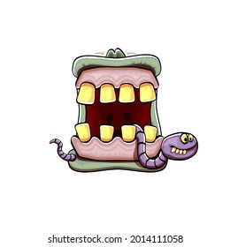 Vector cartoon funny silly zombie monster mouth with rotten teeth and green worm isolated on white background. Vector happy Halloween kids t-shirt design template with funky monster mouth
