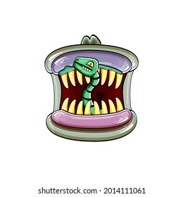 Vector cartoon funny silly zombie monster mouth with rotten teeth and green worm isolated on white background. Vector happy Halloween kids t-shirt design template with funky monster mouth
