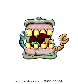 Caricatura vectorial graciosa y tonta boca monstruo zombie con dientes podridos y gusanos verdes aislados en fondo blanco. Plantilla de diseño de camisetas para niños de Halloween felices vectores con boca de monstruo divertida