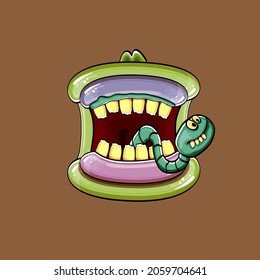 Vector cartoon funny silly zombie monster mouth with rotten teeth and green worm isolated on brown background. Vector happy Halloween kids t-shirt design template with funky monster mouth