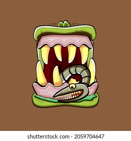 Vector cartoon funny silly zombie monster mouth with rotten teeth and green worm isolated on brown background. Vector happy Halloween kids t-shirt design template with funky monster mouth
