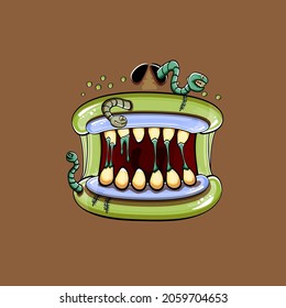 Vector cartoon funny silly zombie monster mouth with rotten teeth and green worm isolated on brown background. Vector happy Halloween kids t-shirt design template with funky monster mouth