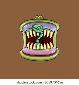 Vector cartoon funny silly zombie monster mouth with rotten teeth and green worm isolated on brown background. Vector happy Halloween kids t-shirt design template with funky monster mouth