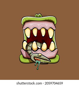 Vector cartoon funny silly zombie monster mouth with rotten teeth and green worm isolated on brown background. Vector happy Halloween kids t-shirt design template with funky monster mouth