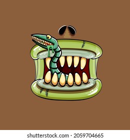 Vector cartoon funny silly zombie monster mouth with rotten teeth and green worm isolated on brown background. Vector happy Halloween kids t-shirt design template with funky monster mouth