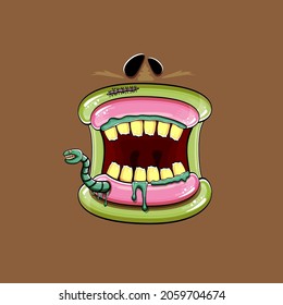 Vector cartoon funny silly zombie monster mouth with rotten teeth and green worm isolated on brown background. Vector happy Halloween kids t-shirt design template with funky monster mouth