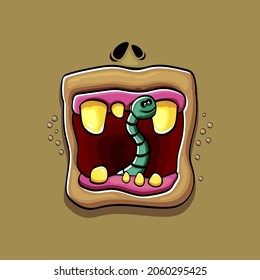 Caricatura vectorial graciosa y tonta boca monstruo zombie con dientes podridos y gusanos verdes aislados en fondo marrón. Plantilla de diseño de camisetas para niños de Halloween felices vectores con boca de monstruo divertida