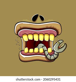 Vector cartoon funny silly zombie monster mouth with rotten teeth and green worm isolated on brown background. Vector happy Halloween kids t-shirt design template with funky monster mouth