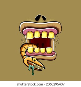Vector cartoon funny silly zombie monster mouth with rotten teeth and green worm isolated on brown background. Vector happy Halloween kids t-shirt design template with funky monster mouth