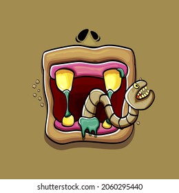 Caricatura vectorial graciosa y tonta boca monstruo zombie con dientes podridos y gusanos verdes aislados en fondo marrón. Plantilla de diseño de camisetas para niños de Halloween felices vectores con boca de monstruo divertida