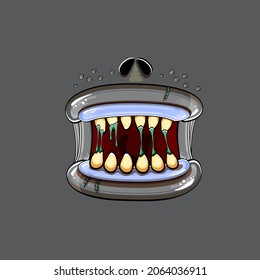 Caricatura vectorial graciosa y tonta boca monstruo zombie con dientes podridos aislados en fondo gris. Plantilla de diseño de camisetas para niños de Halloween felices vectores con boca de monstruo divertida