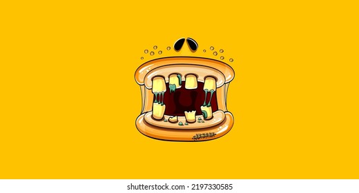 Caricatura vectorial graciosa y tonta boca monstruo zombie con dientes podridos aislados en el fondo de la bandera horizontal naranja. Plantilla de diseño de camisetas para niños de Halloween felices vectores con boca de monstruo divertida