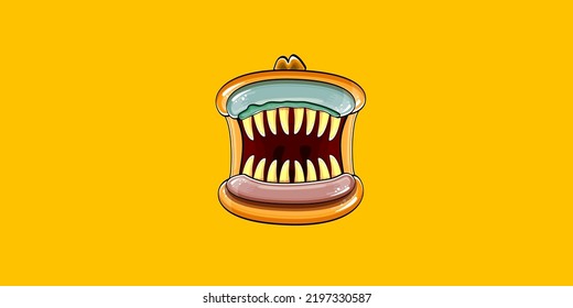 Caricatura vectorial graciosa y tonta boca monstruo zombie con dientes podridos aislados en el fondo de la bandera horizontal naranja. Plantilla de diseño de camisetas para niños de Halloween felices vectores con boca de monstruo divertida