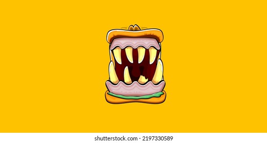 Caricatura vectorial graciosa y tonta boca monstruo zombie con dientes podridos aislados en el fondo de la bandera horizontal naranja. Plantilla de diseño de camisetas para niños de Halloween felices vectores con boca de monstruo divertida