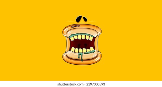 Caricatura vectorial graciosa y tonta boca monstruo zombie con dientes podridos aislados en el fondo de la bandera horizontal naranja. Plantilla de diseño de camisetas para niños de Halloween felices vectores con boca de monstruo divertida