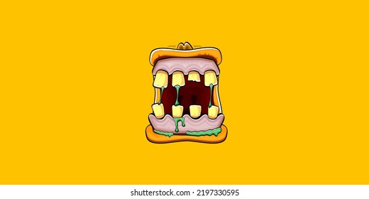 Caricatura vectorial graciosa y tonta boca monstruo zombie con dientes podridos aislados en el fondo de la bandera horizontal naranja. Plantilla de diseño de camisetas para niños de Halloween felices vectores con boca de monstruo divertida