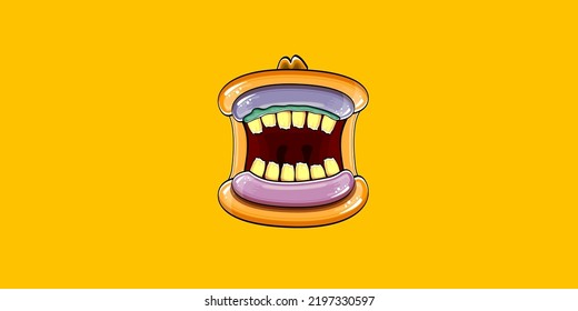 Caricatura vectorial graciosa y tonta boca monstruo zombie con dientes podridos aislados en el fondo de la bandera horizontal naranja. Plantilla de diseño de camisetas para niños de Halloween felices vectores con boca de monstruo divertida