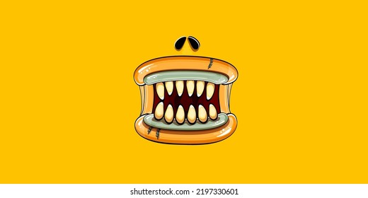Caricatura vectorial graciosa y tonta boca monstruo zombie con dientes podridos aislados en el fondo de la bandera horizontal naranja. Plantilla de diseño de camisetas para niños de Halloween felices vectores con boca de monstruo divertida